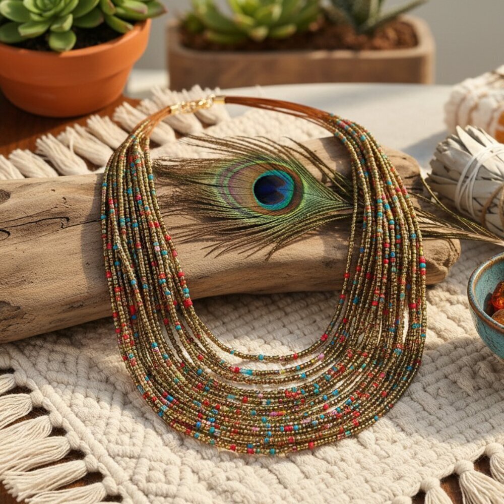 Seed Bead Multi Strand Statement Necklace Boho Western Multicolor Gold 18" - Picture 10 of 15